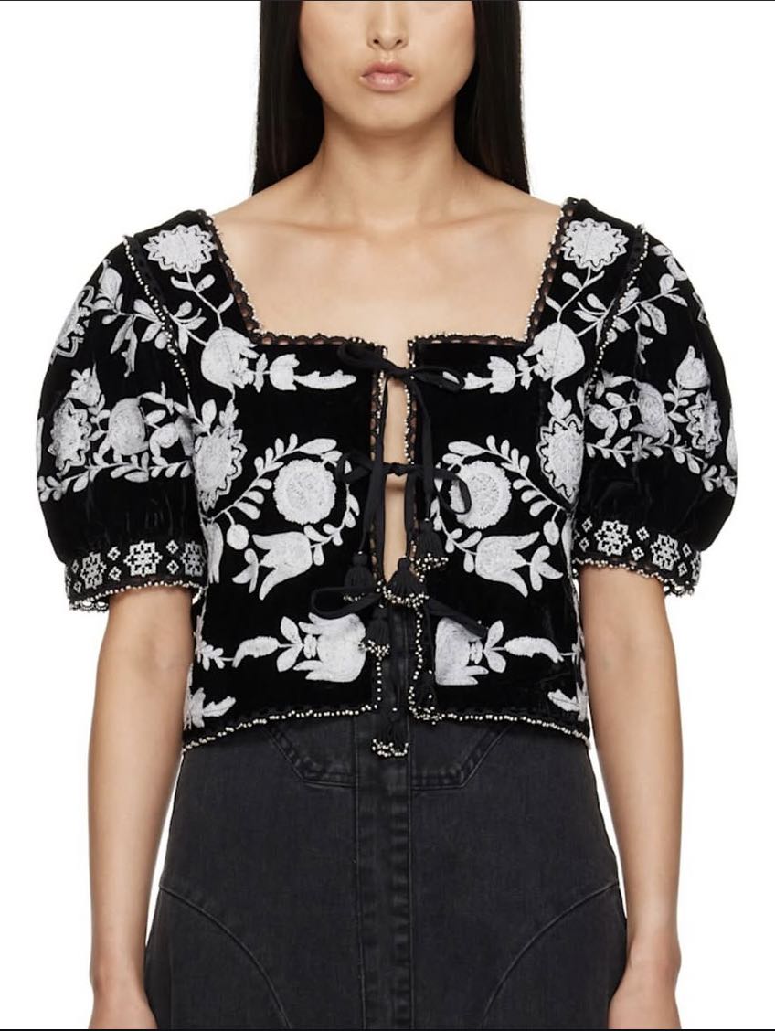 Black Embroidered Puff Sleeve Top