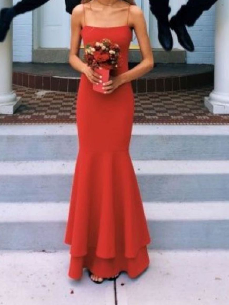 Red maxi dress, ruffle bottom, Small.