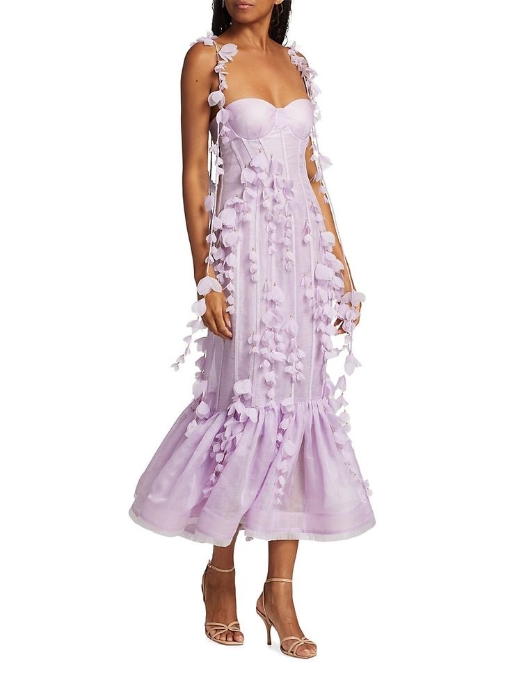 Lavender Floral Applique Corset Midi Dress