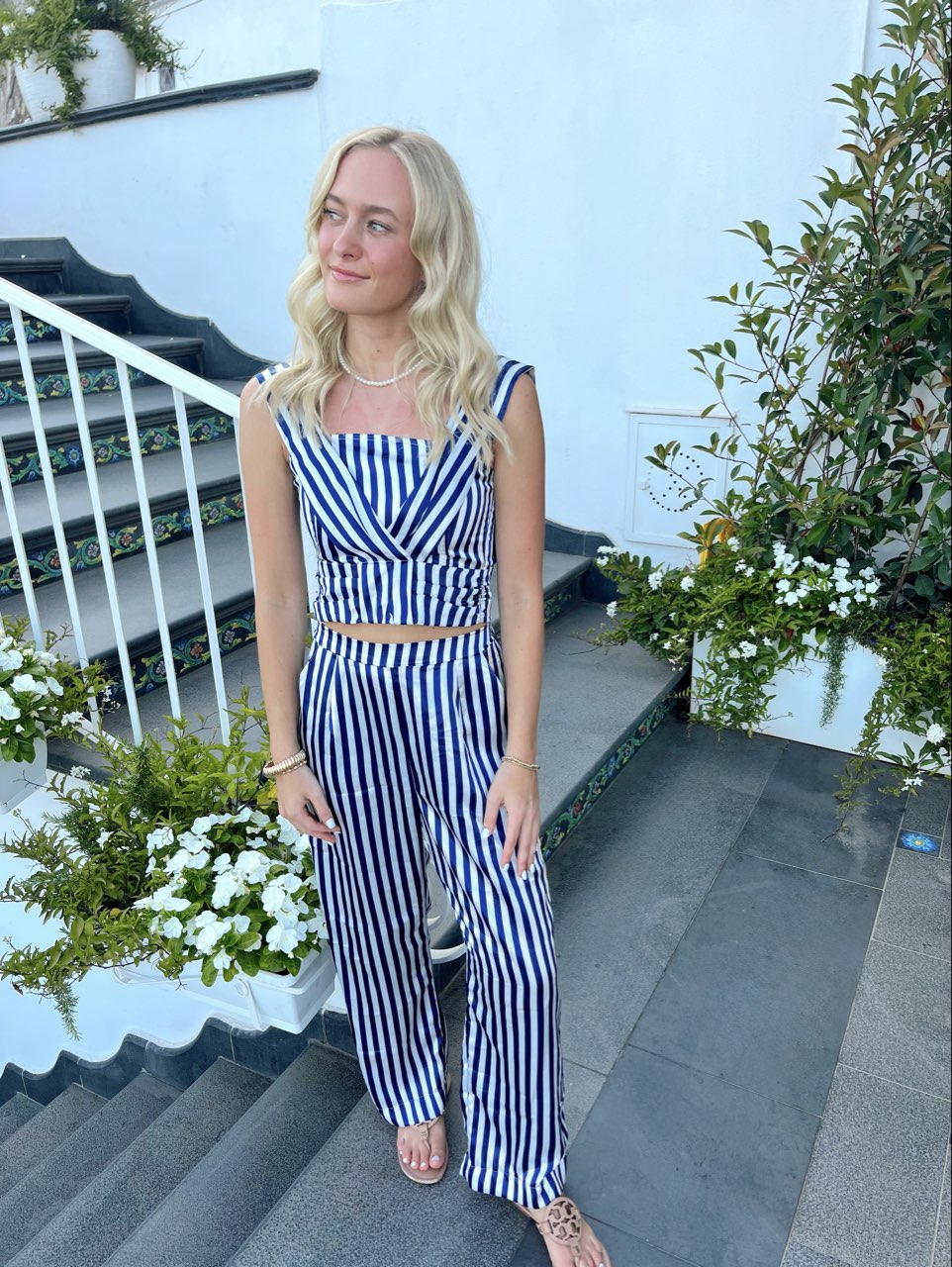 Blue and White Striped Top & Pants Set