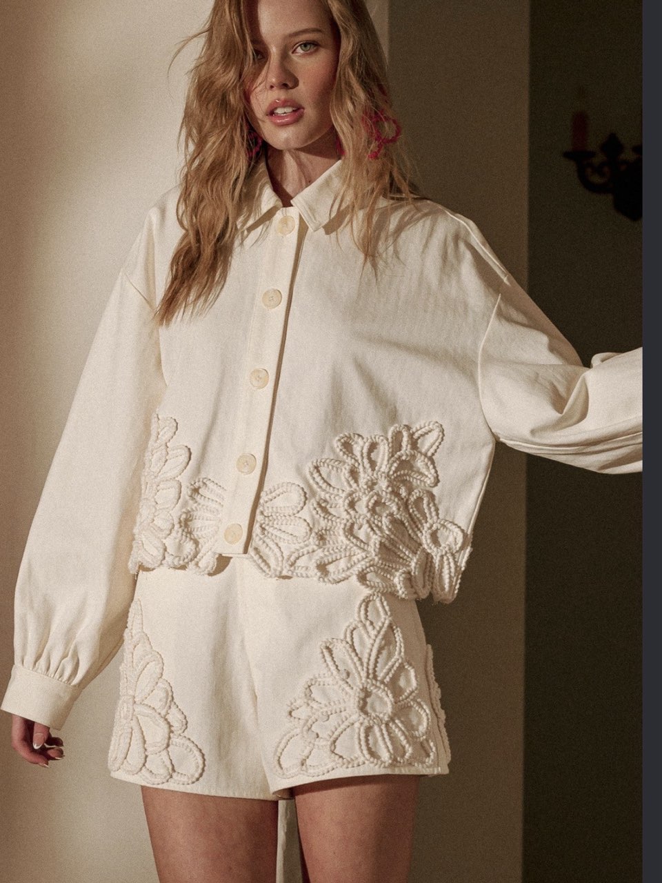 Cream Floral Appliqué Shirt and Shorts Set