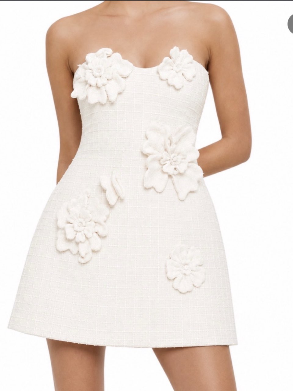 White Strapless Floral Applique Mini Dress