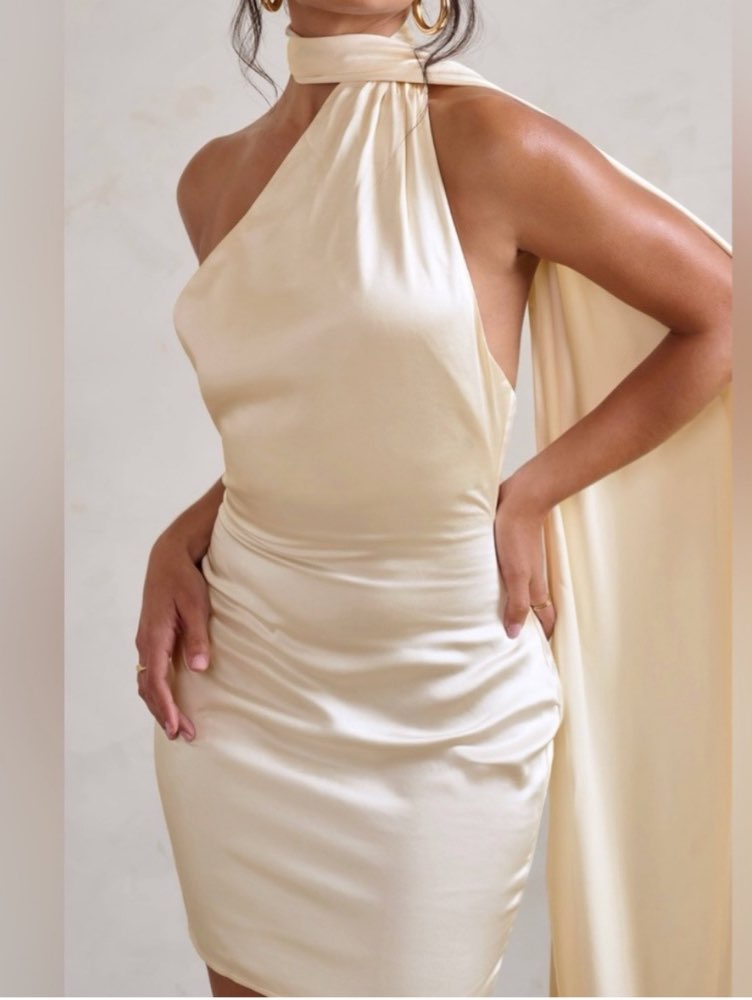 Cream Asymmetrical Halter Mini Dress