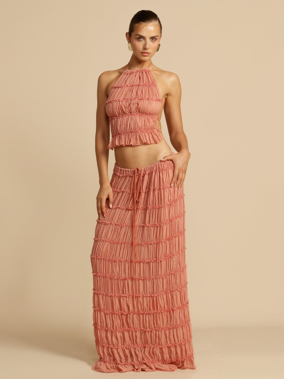 Dusty Rose Shirred Halter Crop Top & Maxi Skirt Set