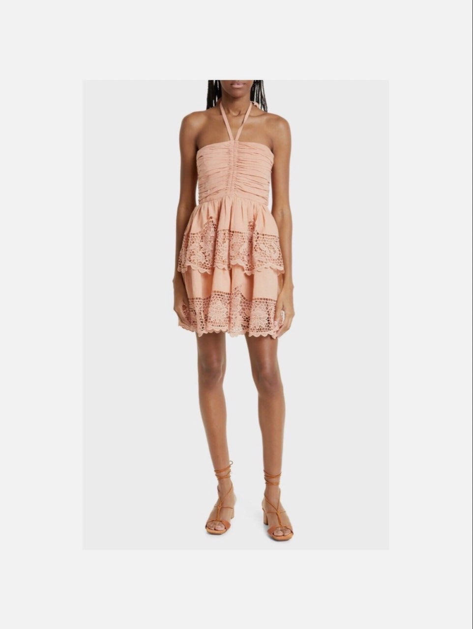 Peach Halter Tiered Lace Mini Dress