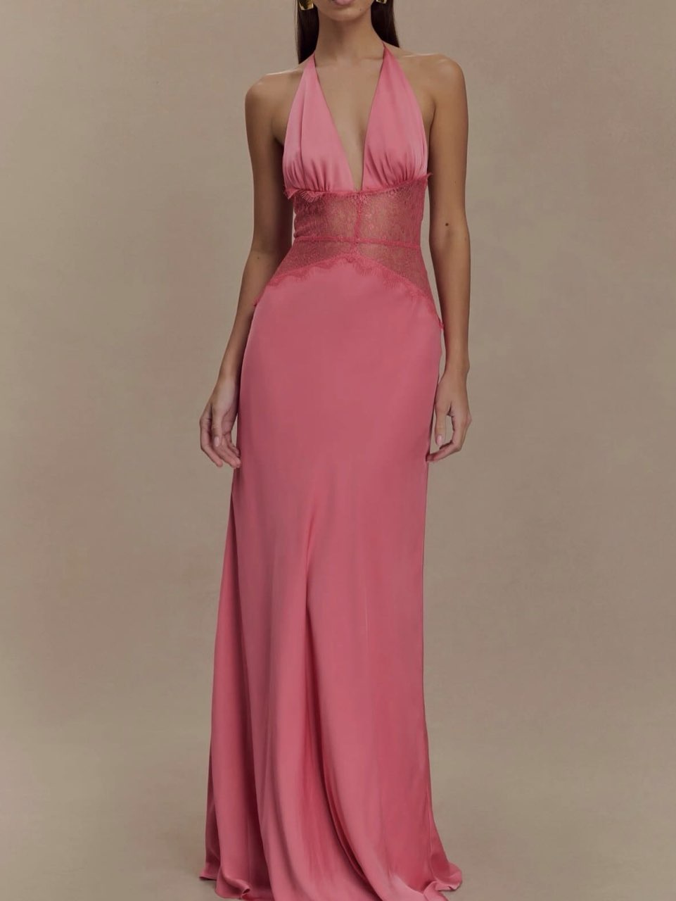 Pink Halter Neck Maxi Dress with Lace Detail