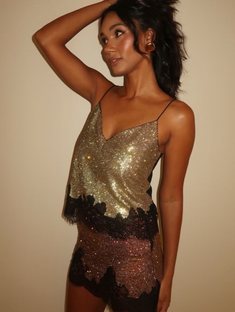 Paco Rabanne Gold Sequin Cami Top and Mini Skirt Set