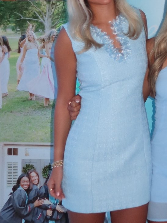 Light Blue Sleeveless Shift Dress with Ruffle Neckline