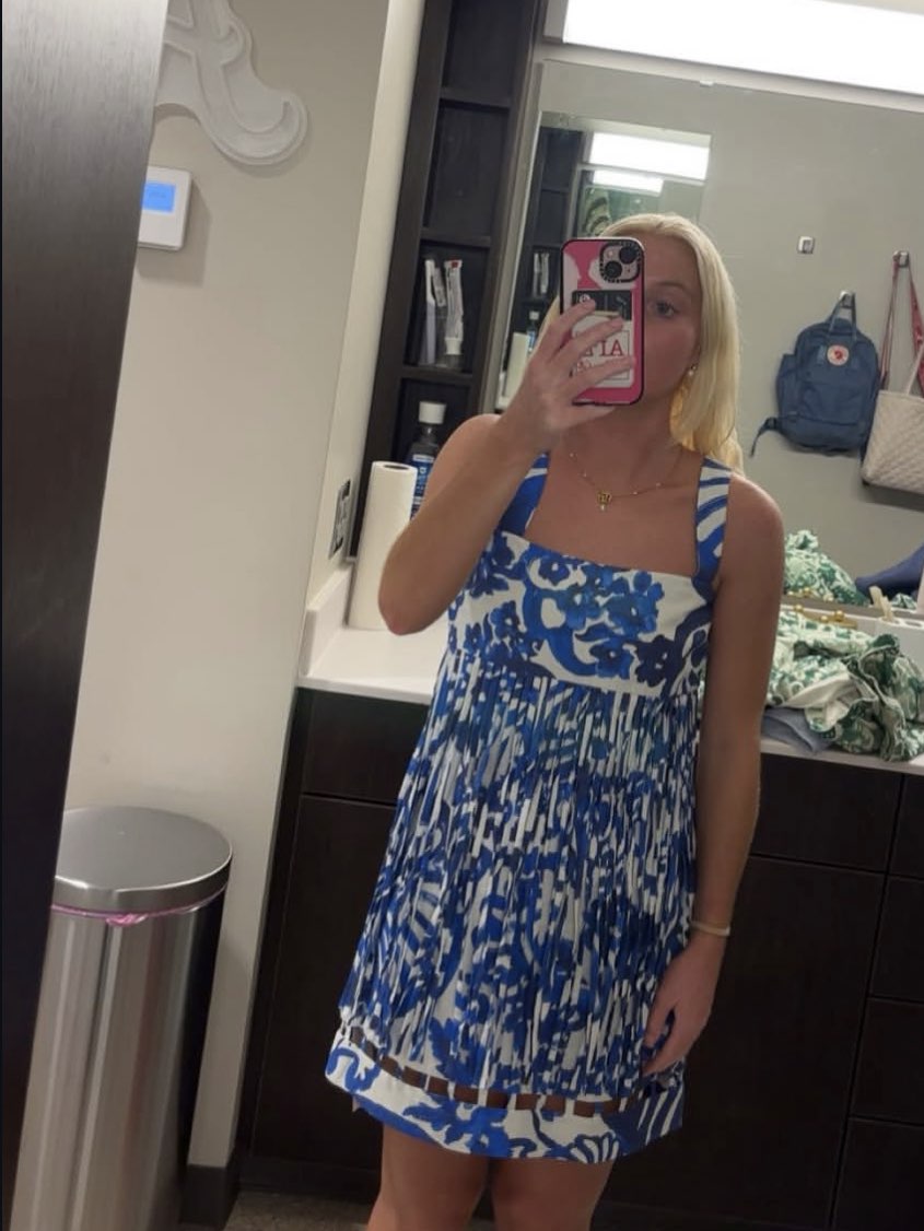 Blue and White Pleated Mini Dress