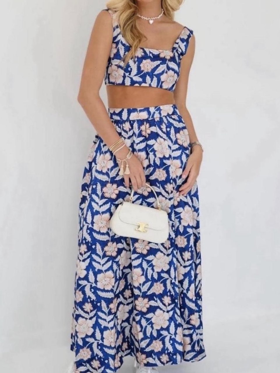 Blue Floral Crop Top and Maxi Skirt Set