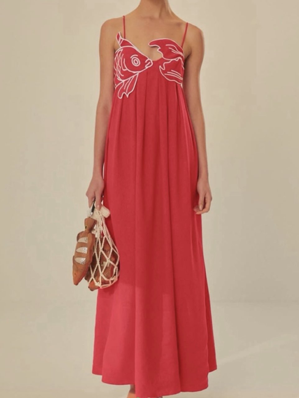 Farm Rio Red Embroidered Fish & Crab Maxi Dress