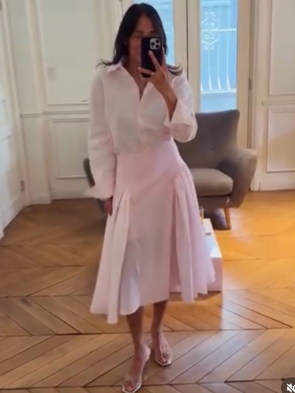 Light Pink Button-Up Shirt & Pleated Midi Skirt Set