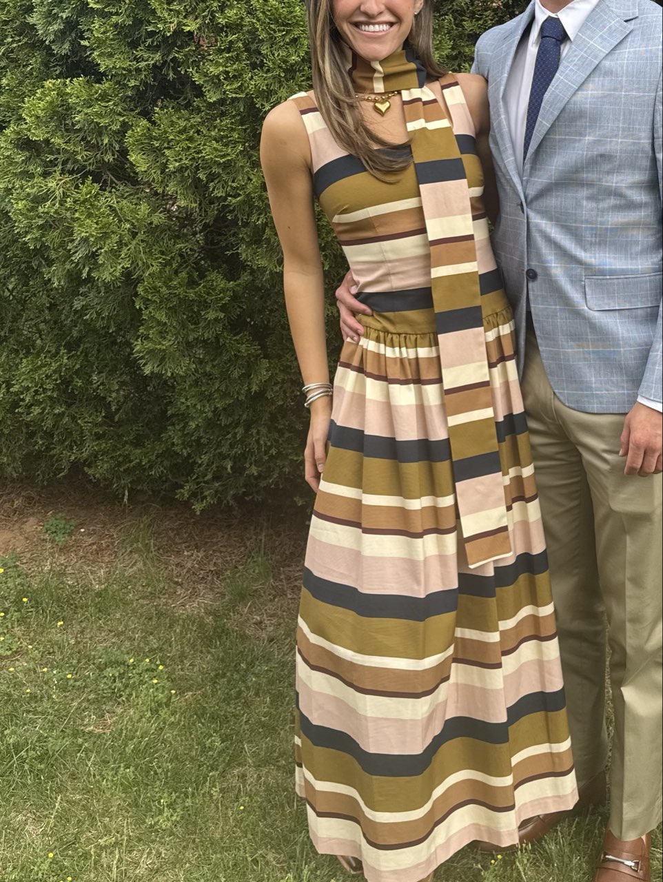 Striped High-Neck Maxi Dress with Scarf Detail