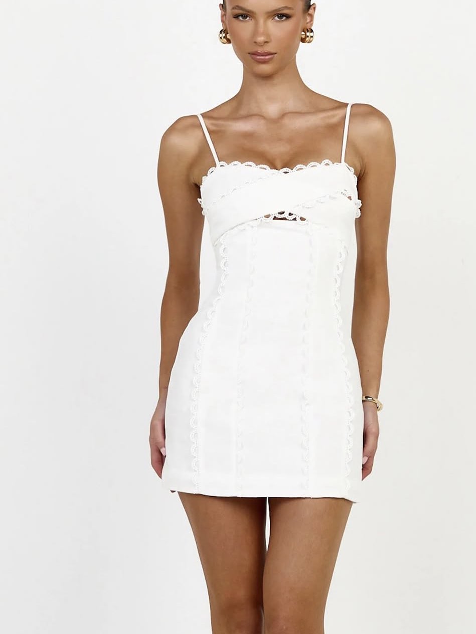 White Lace Trim Cutout Mini Dress