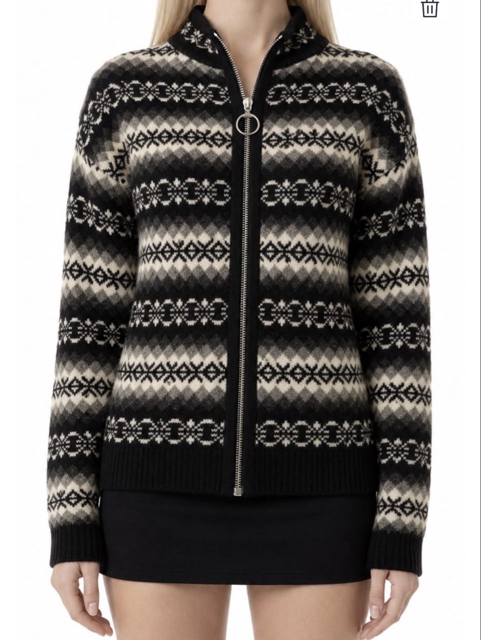 Black and White Fair Isle Zip-Up Sweater