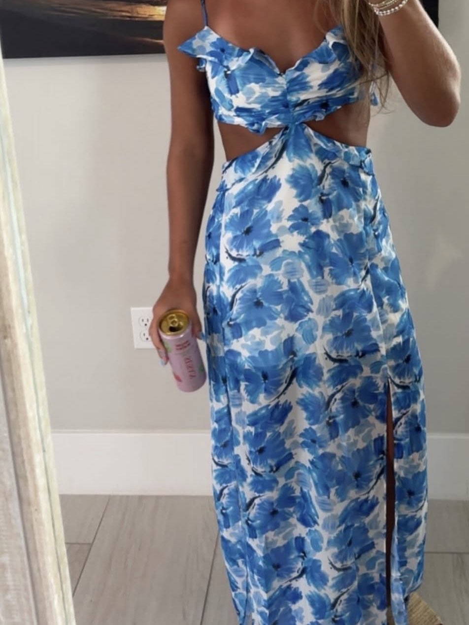Blue Floral Cut-Out Maxi Dress