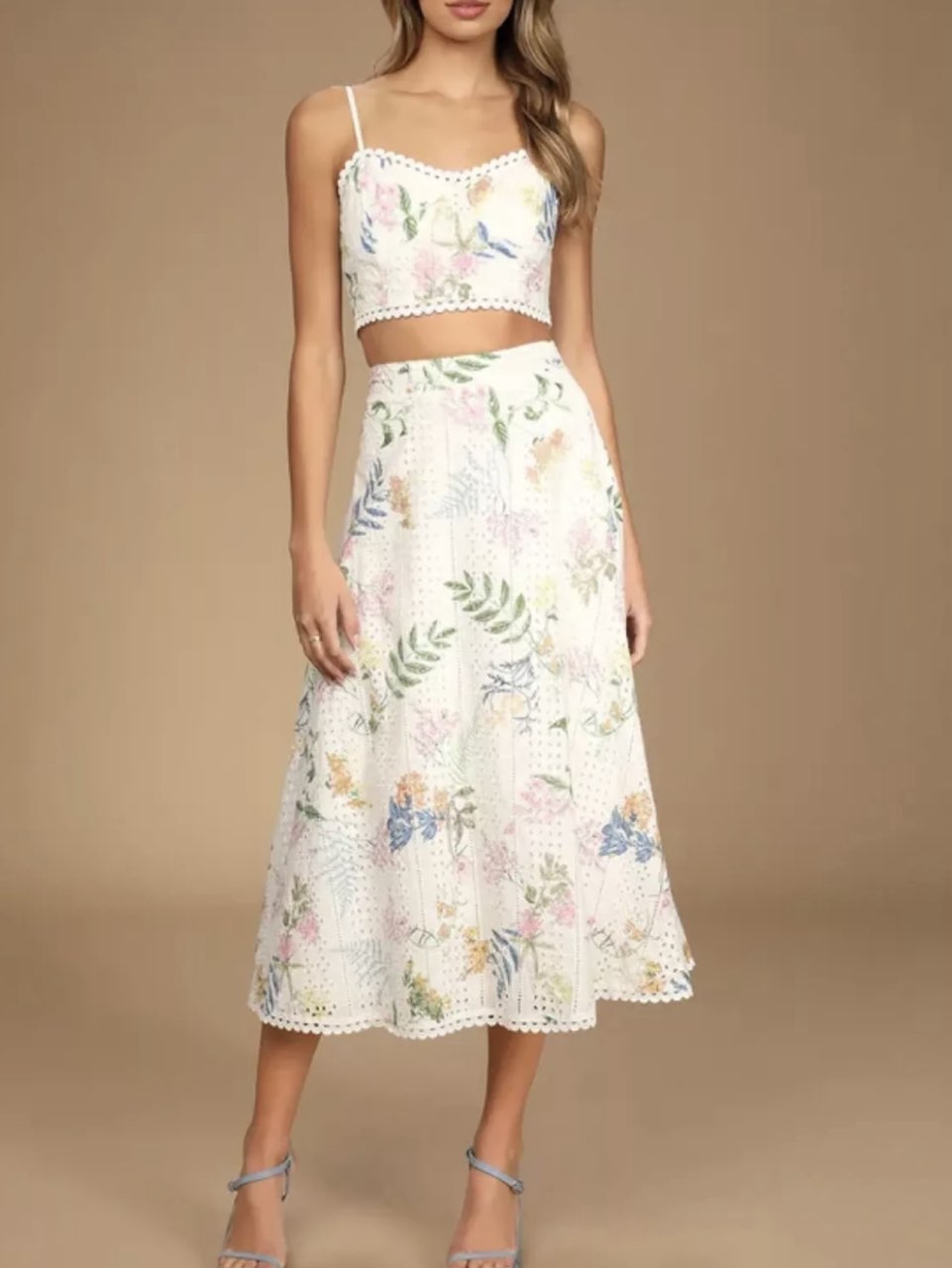 White Floral Eyelet Crop Top and Midi Skirt Set