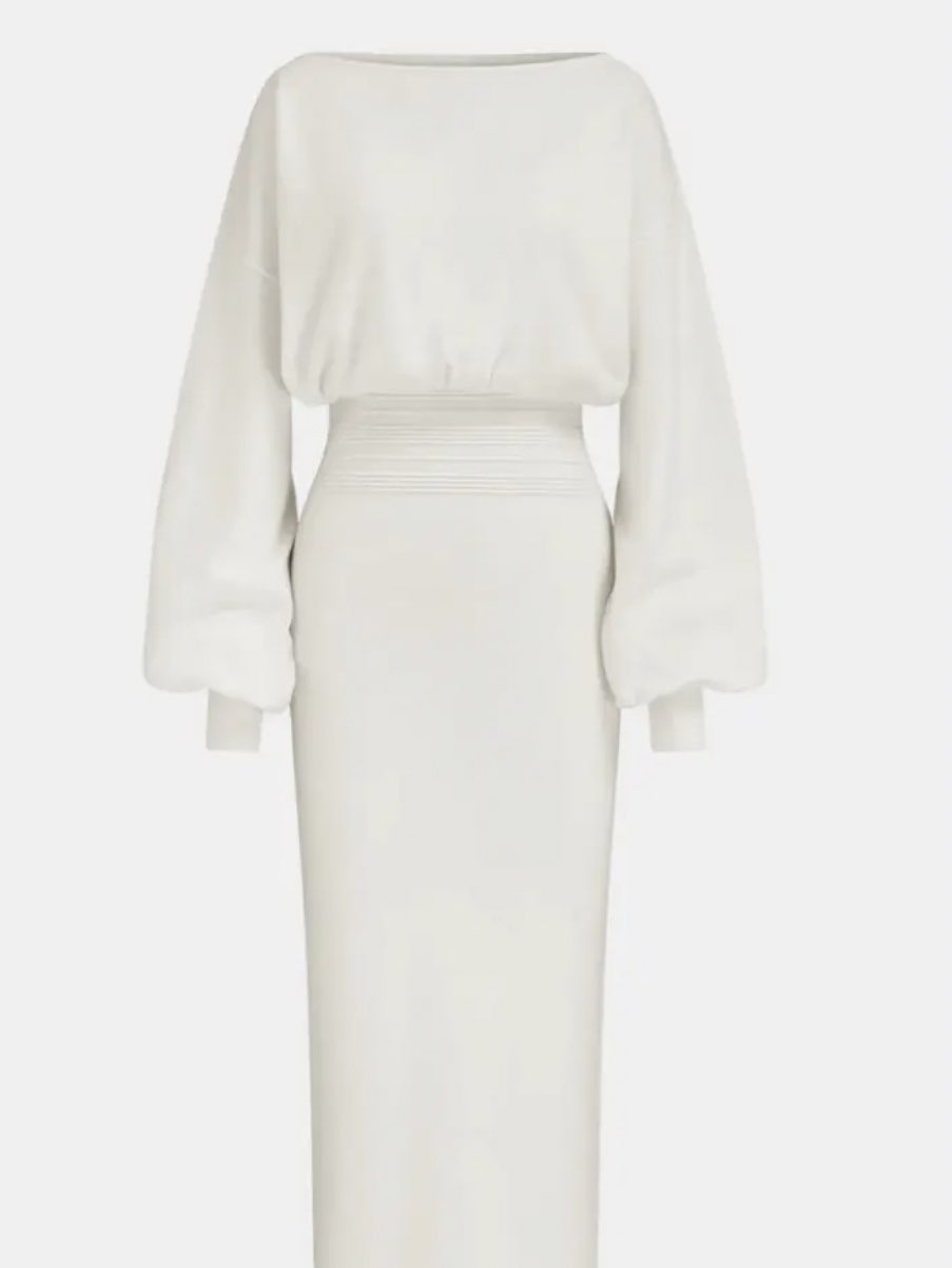White Boat Neck Balloon Sleeve Midi Dress