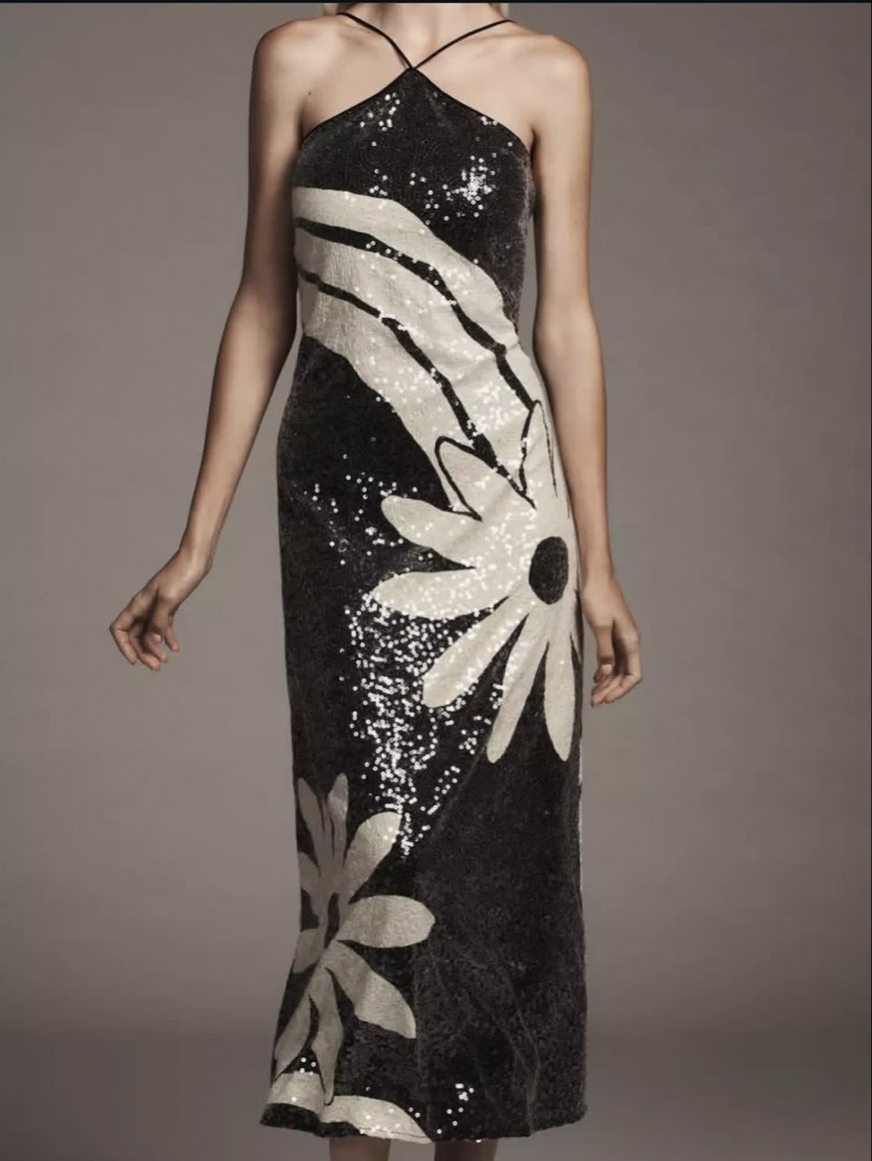Black Sequin Halter Midi Dress with Floral Pattern