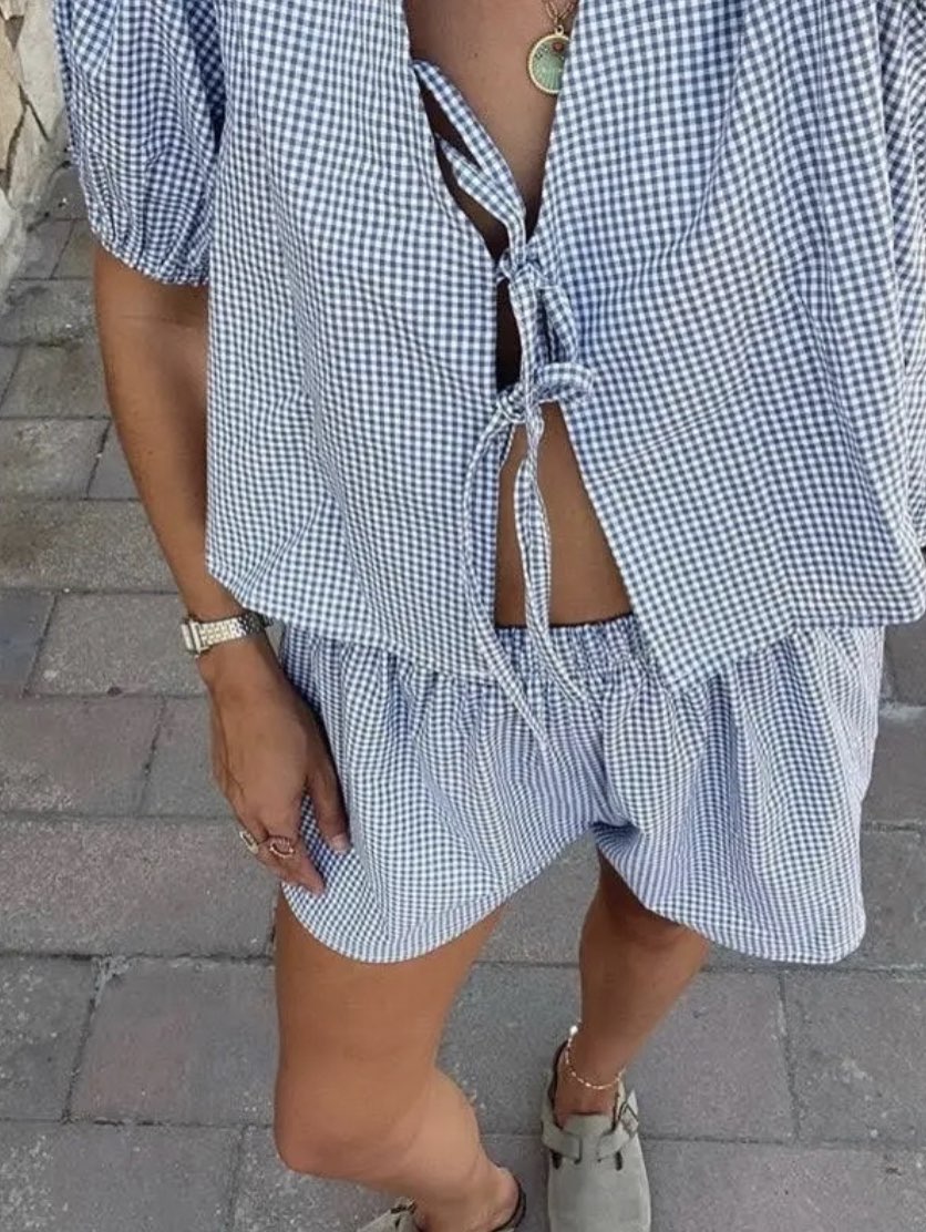 Gingham Tie-Front Top and Shorts Set