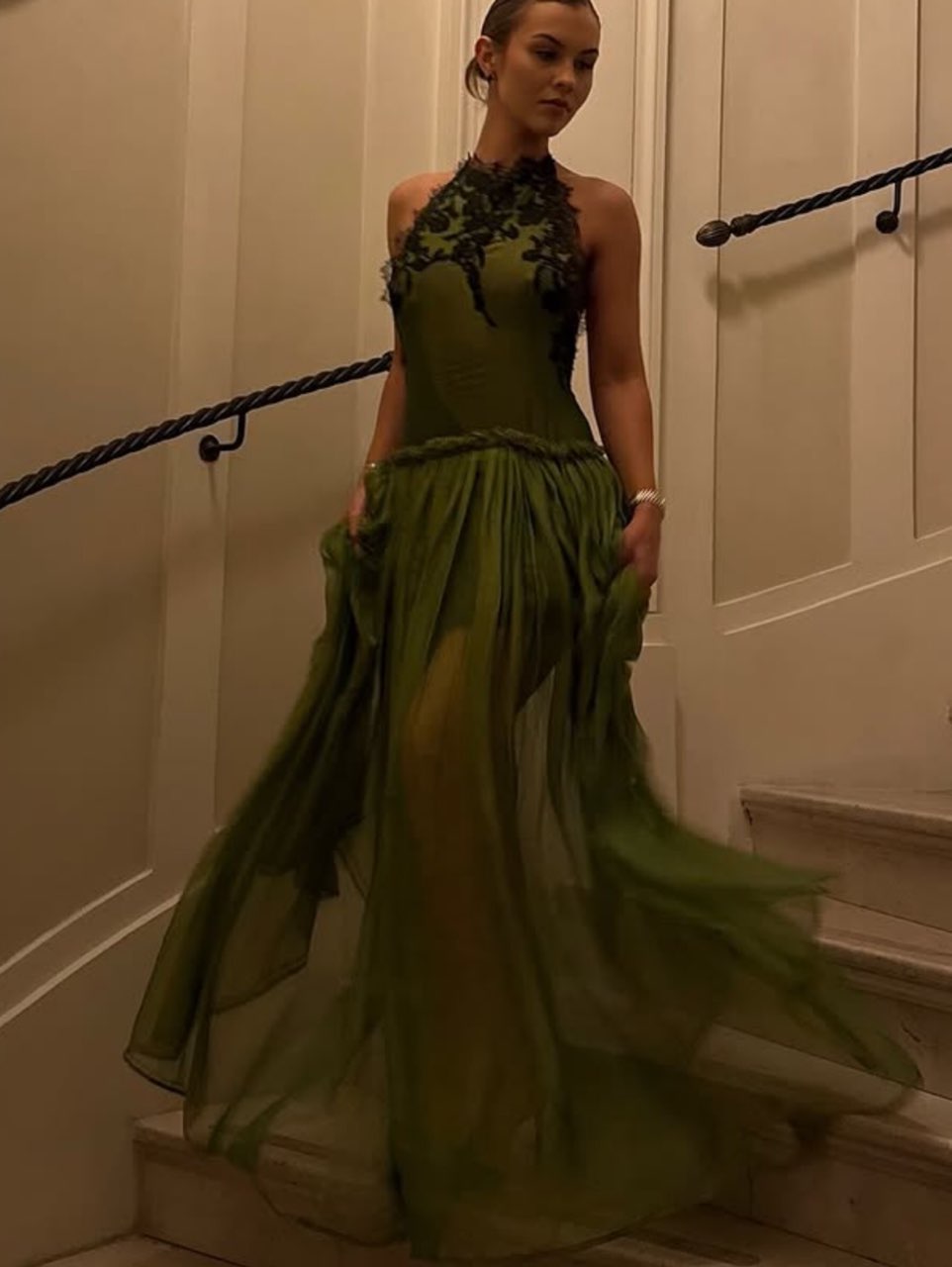Olive Green Lace Halter Gown