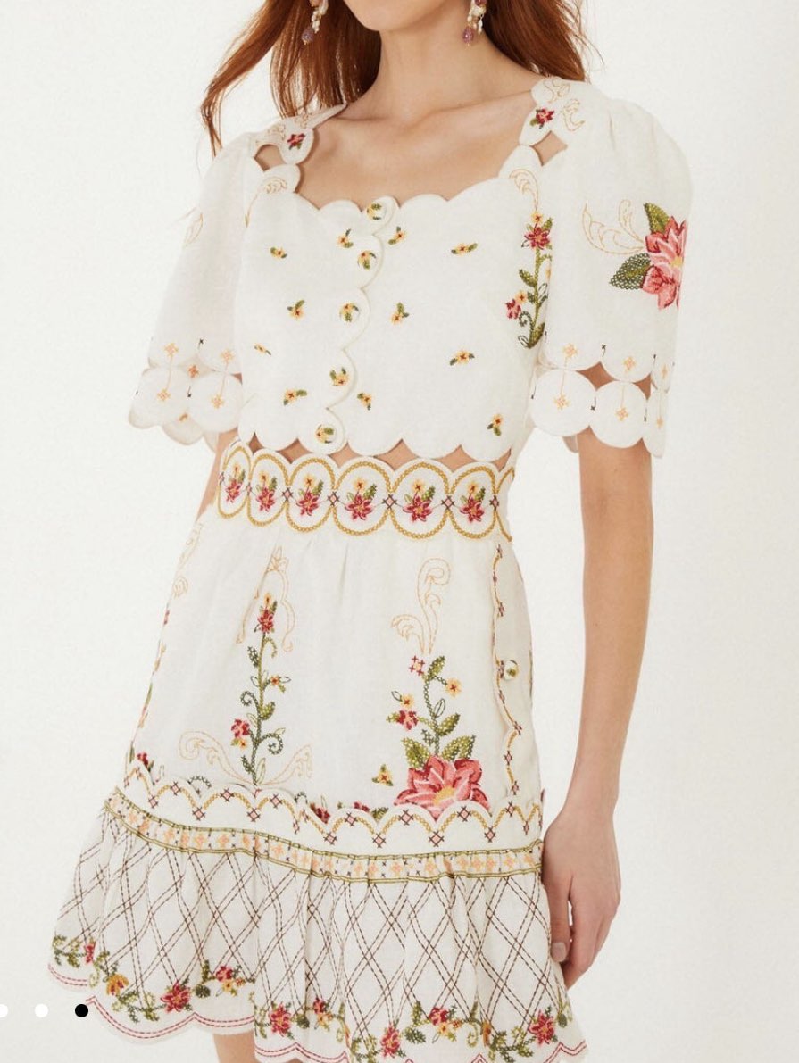 Off-White Flower Embroidery Scalloped Mini Dress