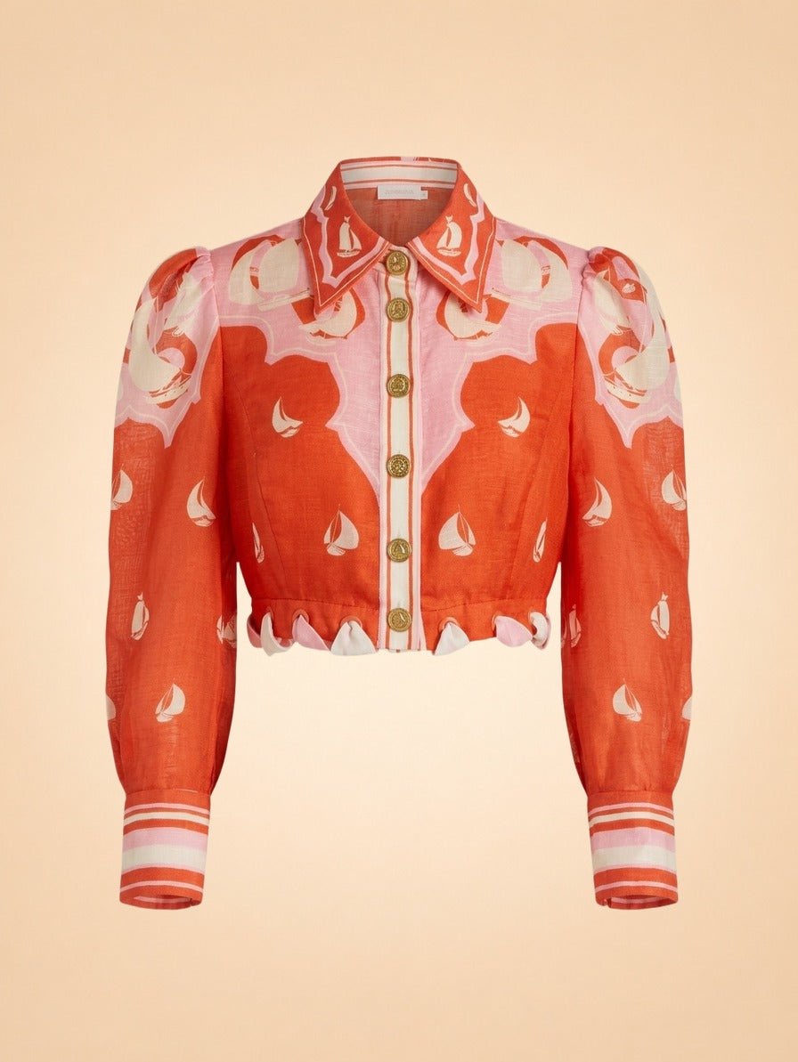 Farm Rio Sailboat Print Cropped Blouse