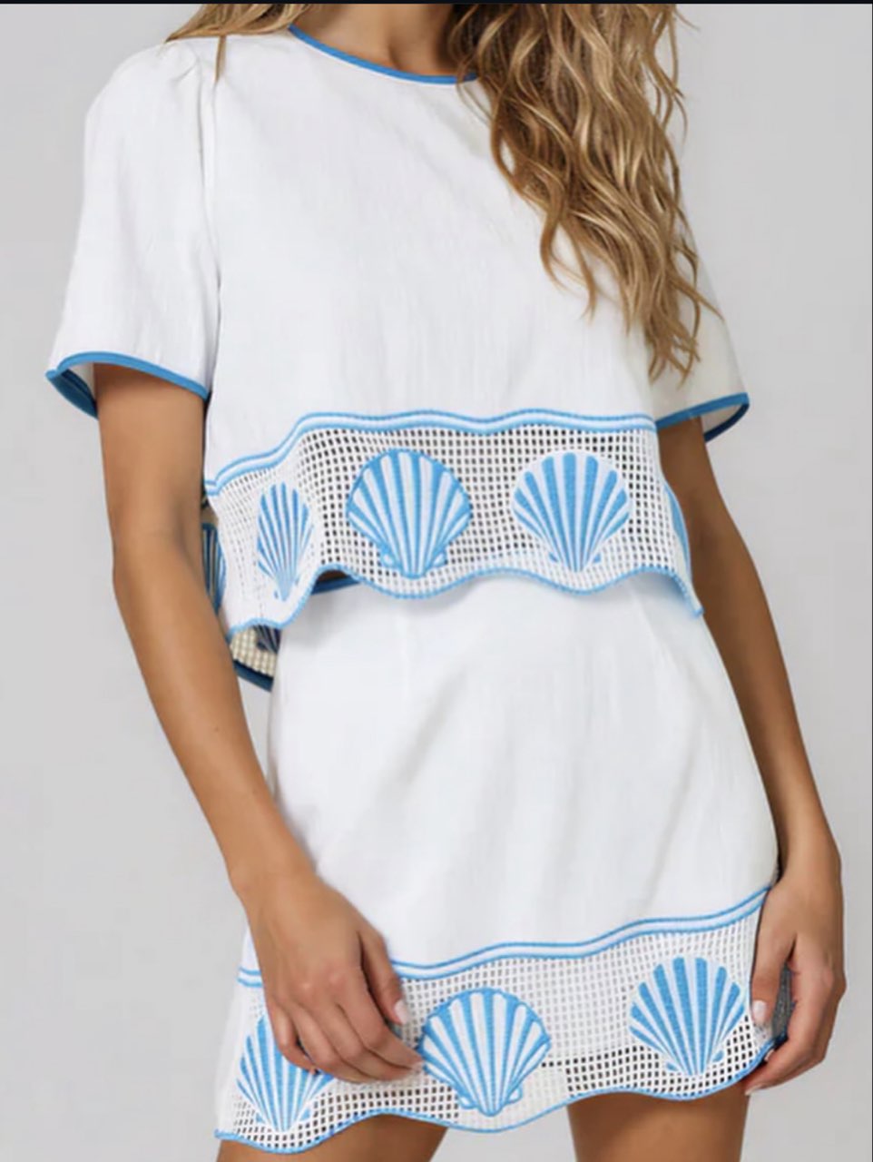 White Short Sleeve Dress with Blue Shell Cutouts
