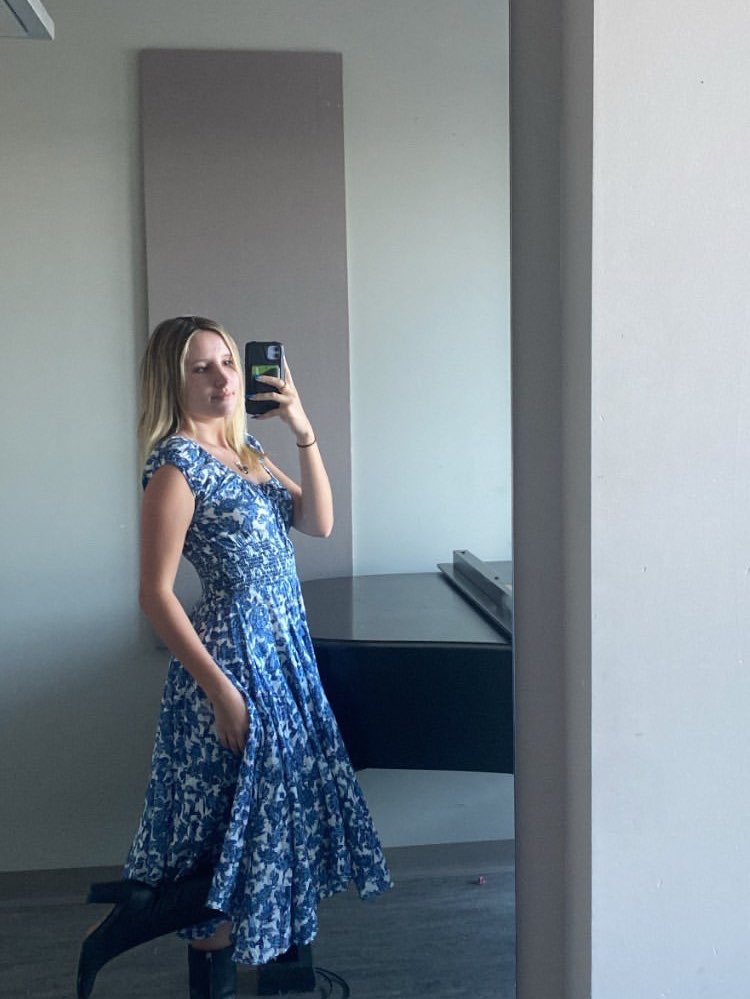 Blue and White Floral Smocked Midi Dress
