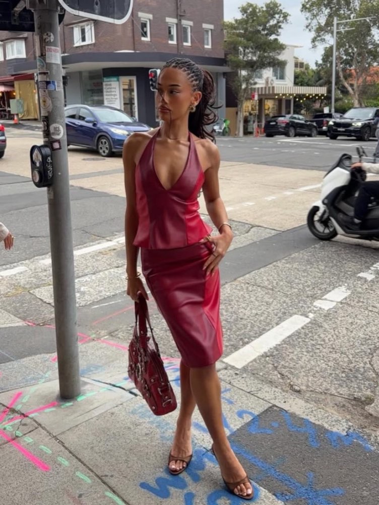 Faux Leather Halter Top & Midi Skirt Set