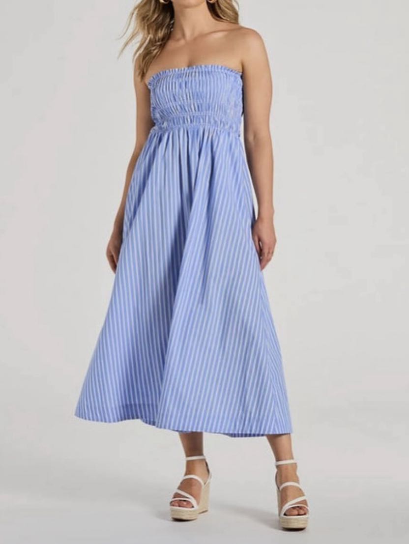 Blue Striped Strapless Midi Dress