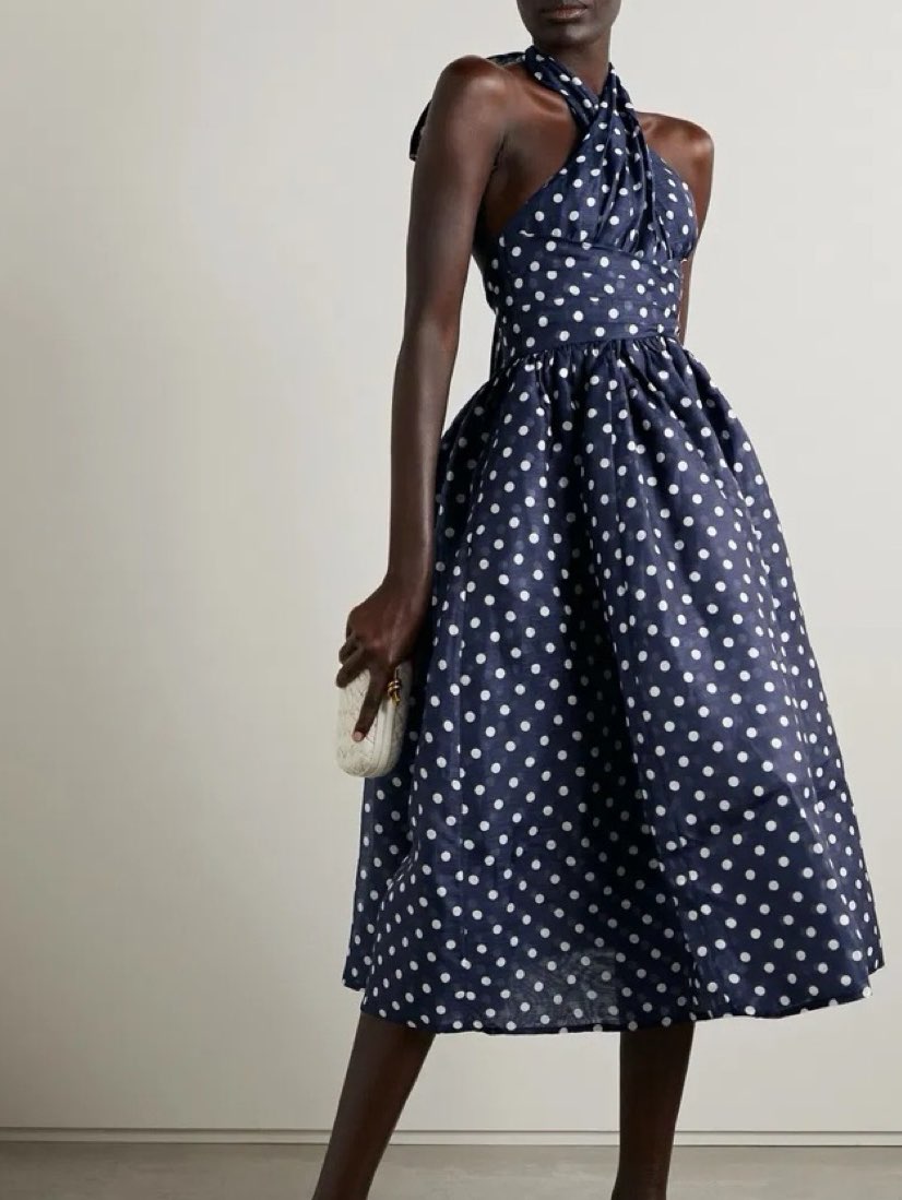 Navy Polka Dot Halter Midi Dress