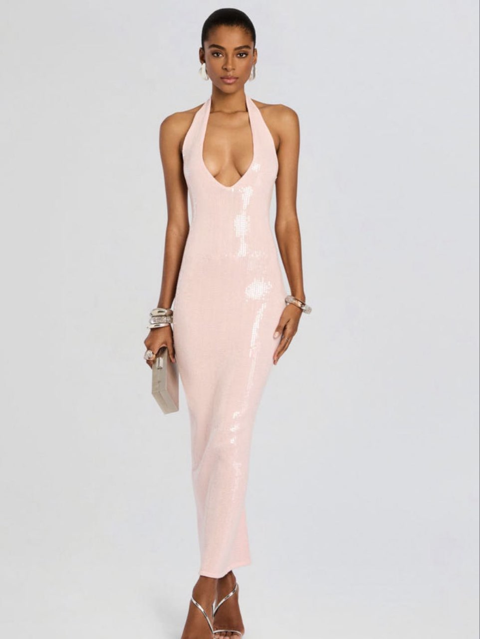 Pink Sequin Halter Maxi Dress