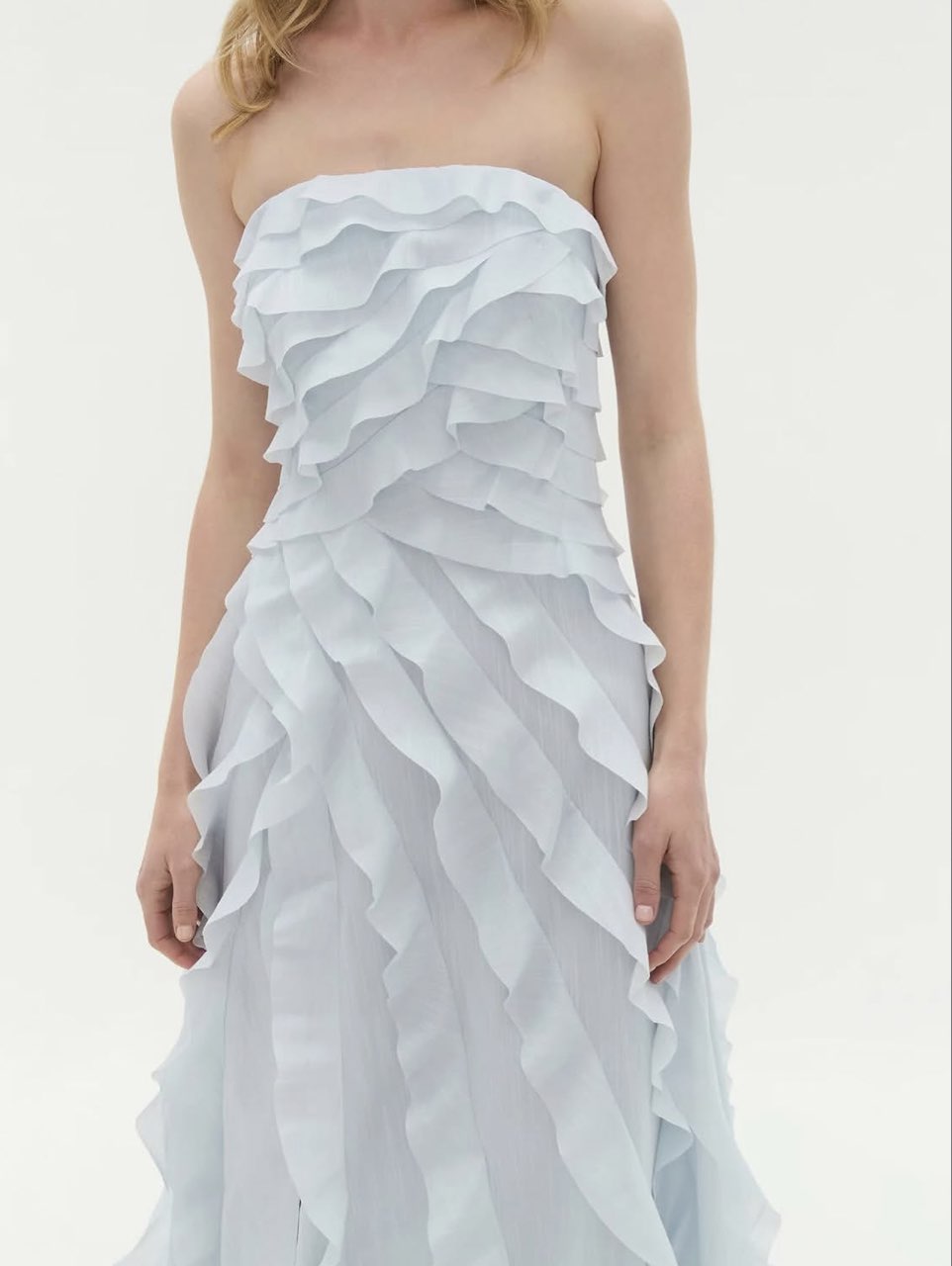 Light Blue Ruffled Strapless Gown