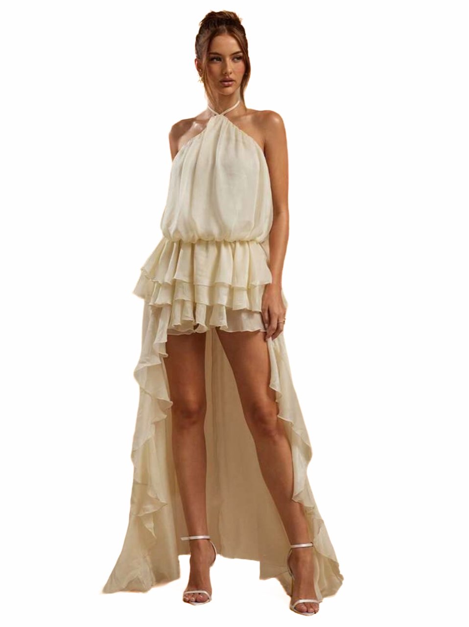 Cream Ruffled High-Low Halter Dress