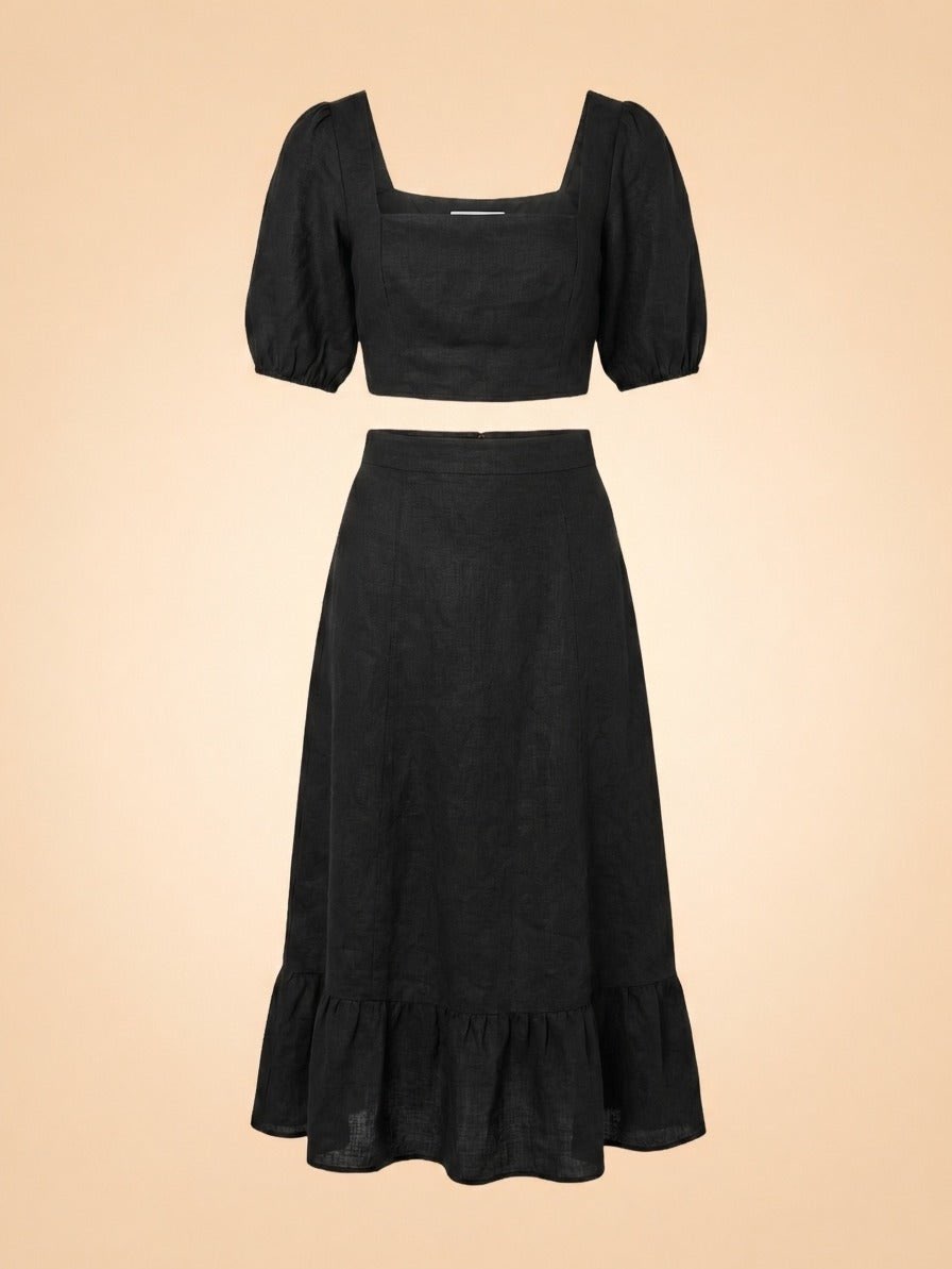 Black Linen Crop Top and Midi Skirt Set