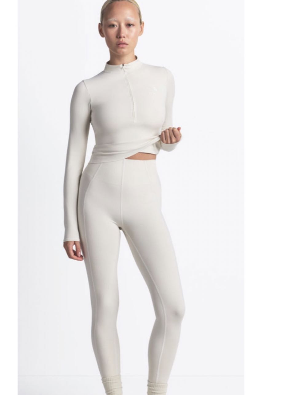 Light Beige Zip-Front Crop Top and Leggings Set