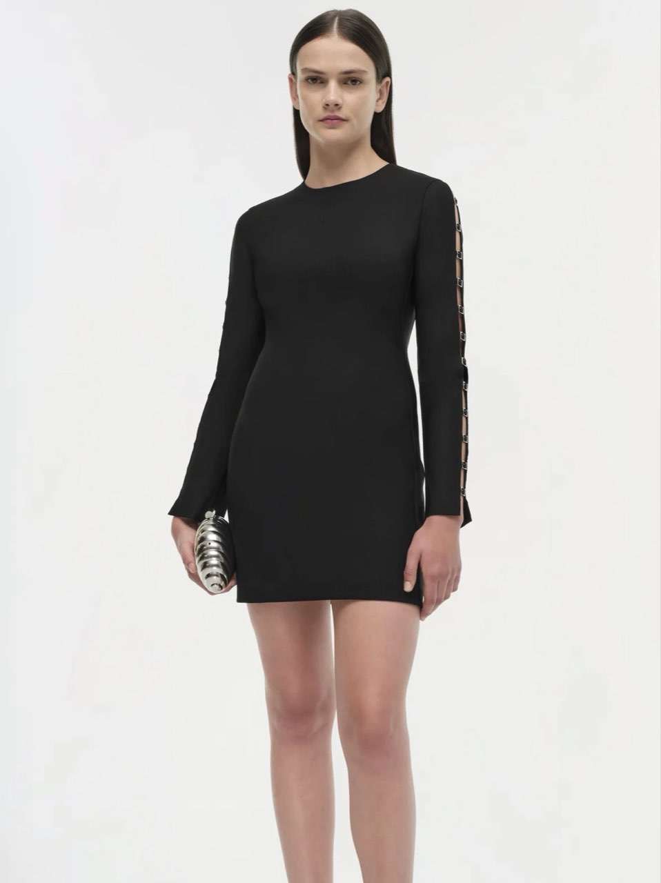Black Long-Sleeve Mini Dress with Buckle Details
