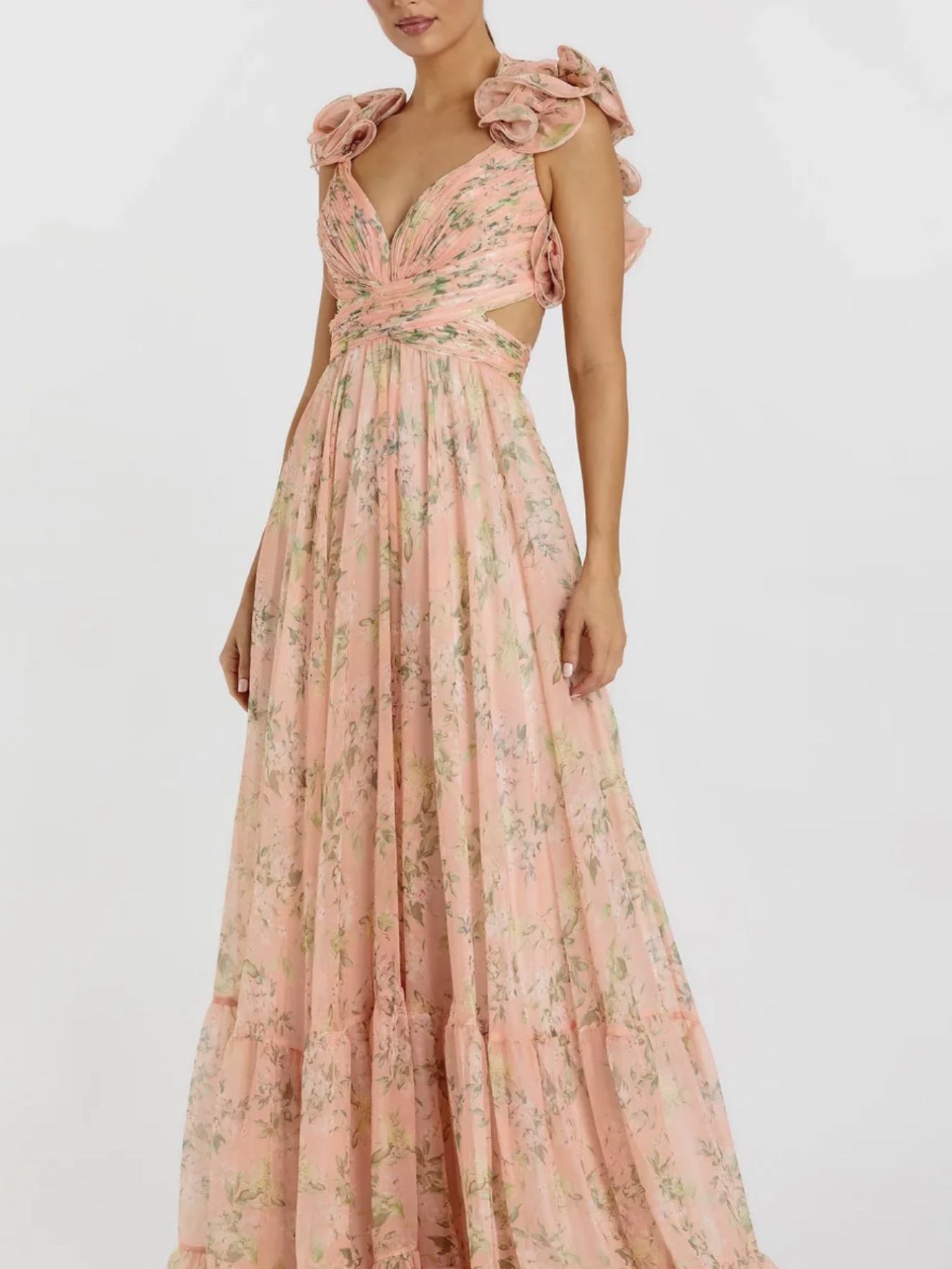 Pink Ruffle Tiered Floral Cut-Out Chiffon Gown