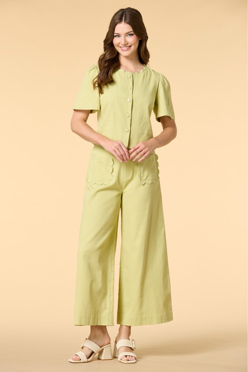 Scalloped Button-Up Top & Wide-Leg Pants Set