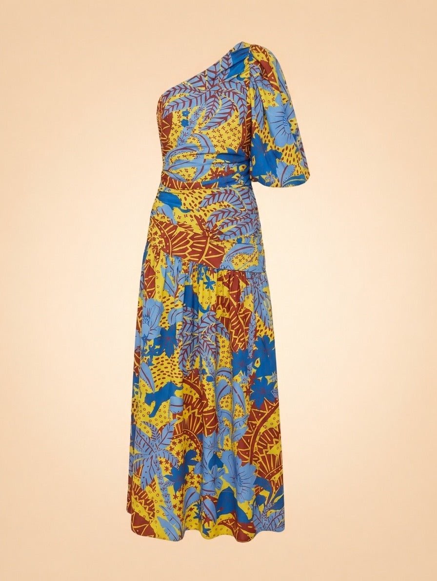 Tropical One-Shoulder Midi Dress