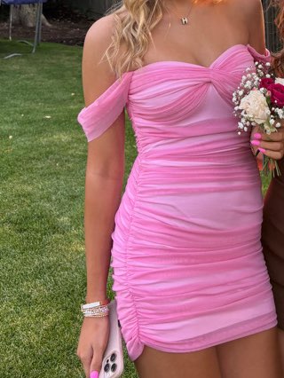 Pink Ruched Off-Shoulder Mini Dress