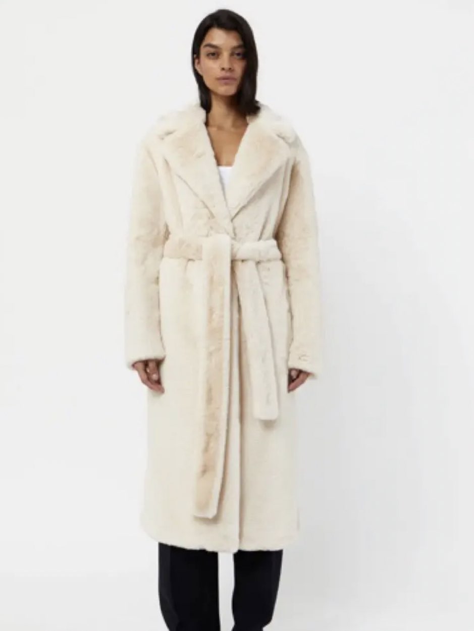 Cream Faux Fur Belted Long Coat