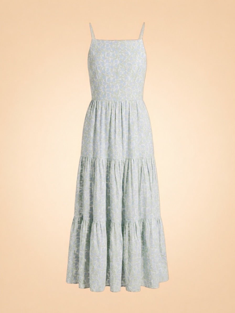Light Blue Floral Tiered Midi Dress
