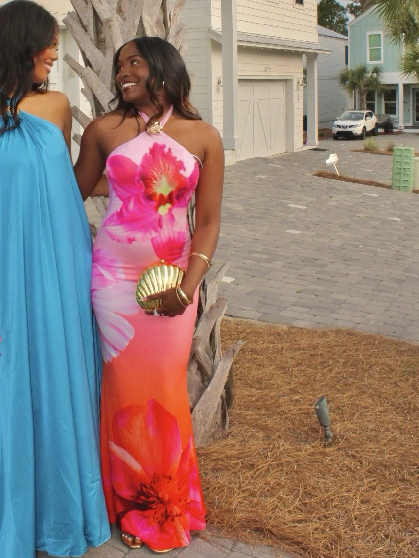 Pink and Orange Ombre Floral Halter Maxi Dress