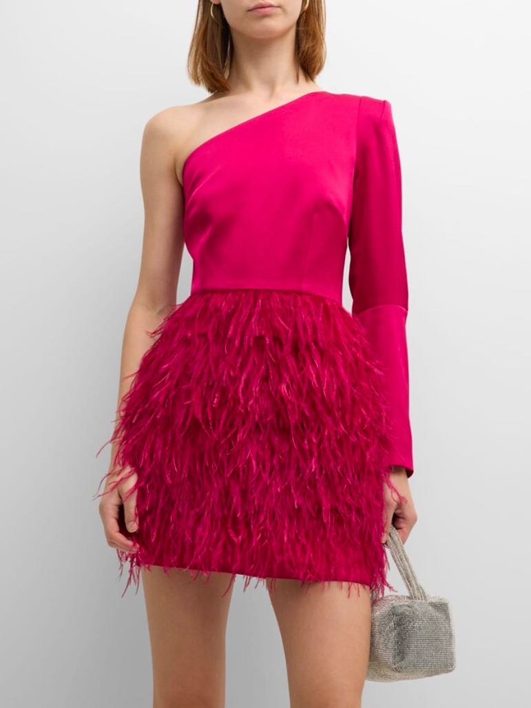 Asymmetric Feathered Satin Minidress