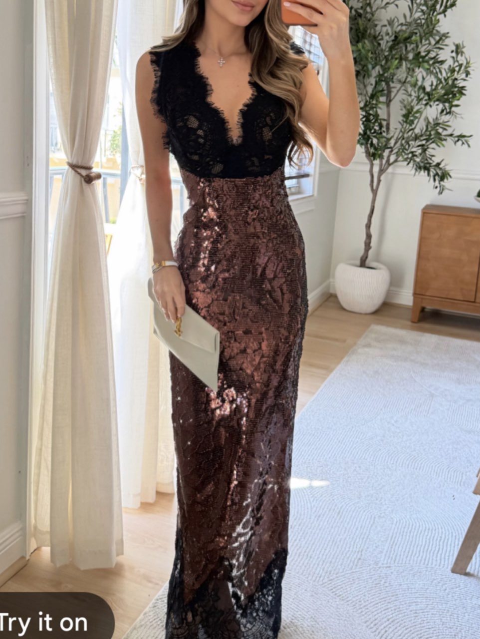 Black Lace and Bronze Sequin Maxi Dress