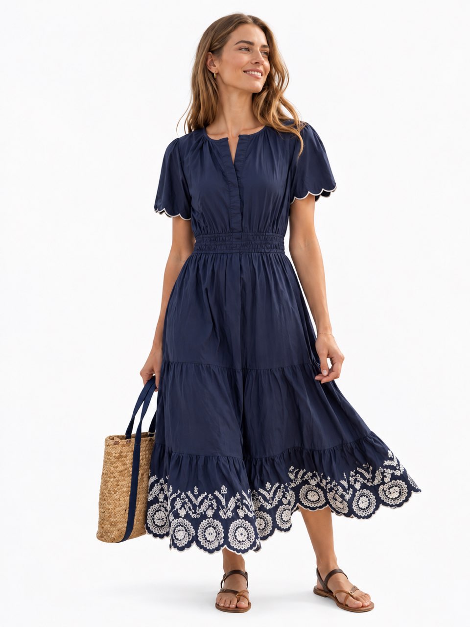 Navy Embroidered Scalloped Midi Dress