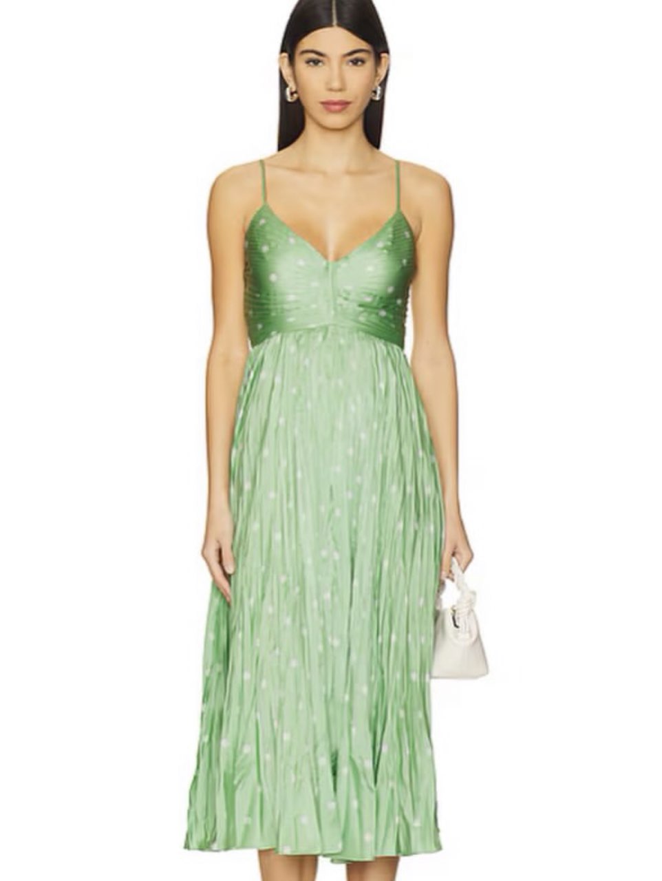 Mint Green Pleated Polka Dot Midi Dress