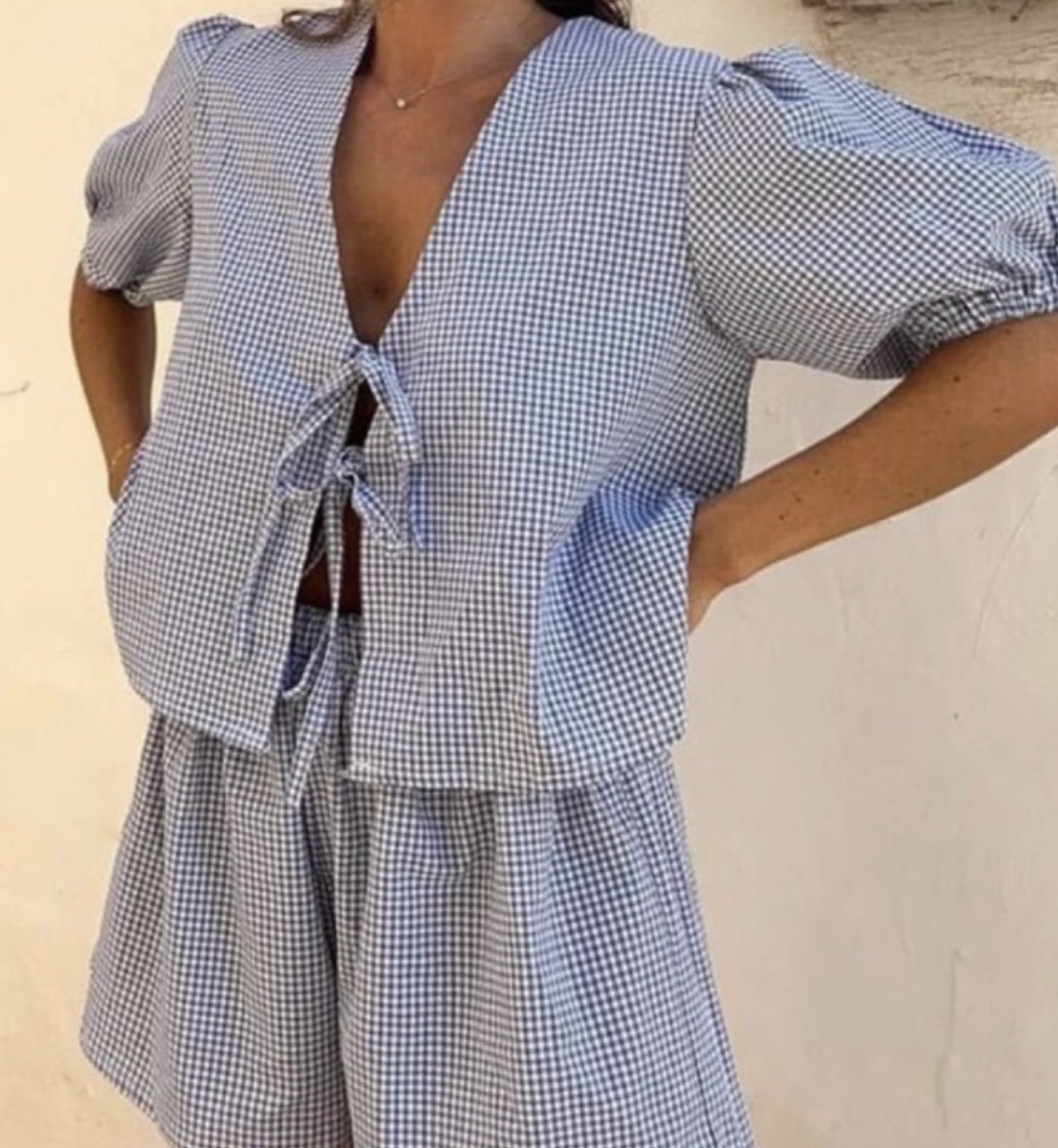 Gingham Tie-Front Top and Shorts Set